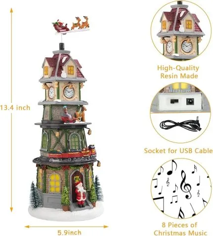 Turn cu ceas de epocă Decor de casa de Crăciun cu figurine, Tren rotativ cu lumină LED și muzică de Crăciun